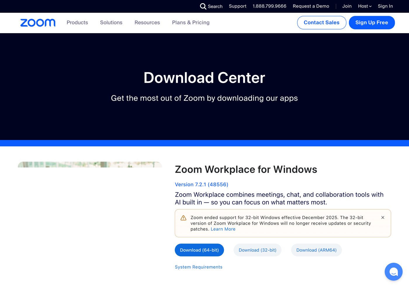 หน้า Download Center ของ Zoom บน Windows มีปุ่ม Download (64-bit) ใต้หัวข้อ Zoom Workplace for Windows