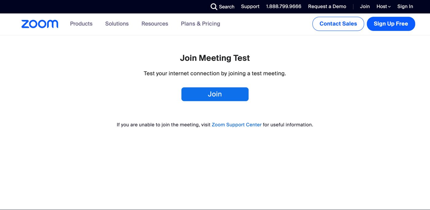 หน้า Join Meeting Test ของ Zoom มีปุ่ม Join สีฟ้าตรงกลาง